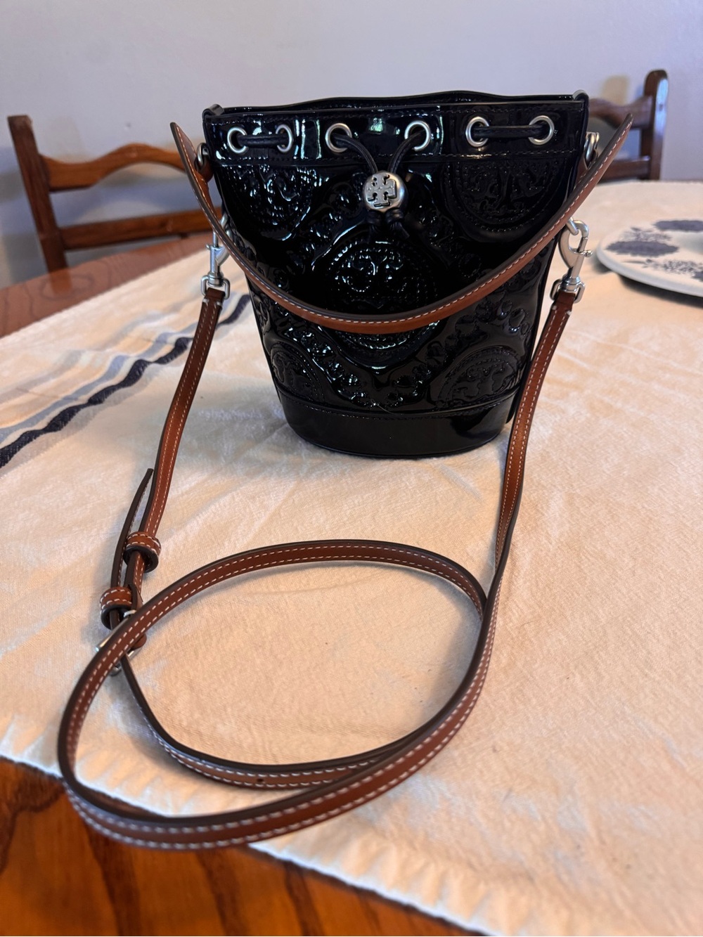 Tory Burch Black Patent Embossed Bucket Crossbody with Brown Strap